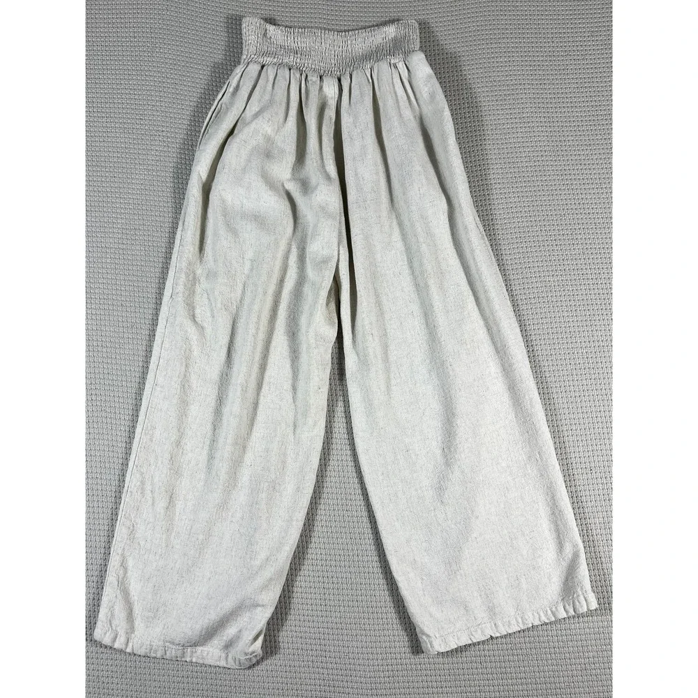 UEU Womens Beige Linen Blend Wide Leg Smocked High Waist Palazzo Pants Size M